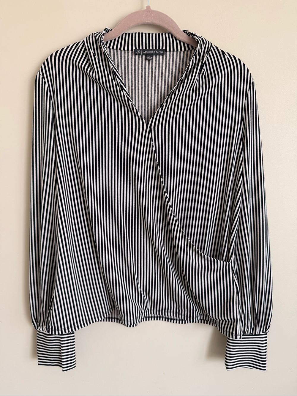Adrianna Papell Black & White Vertical Stripe Wrap Blouse